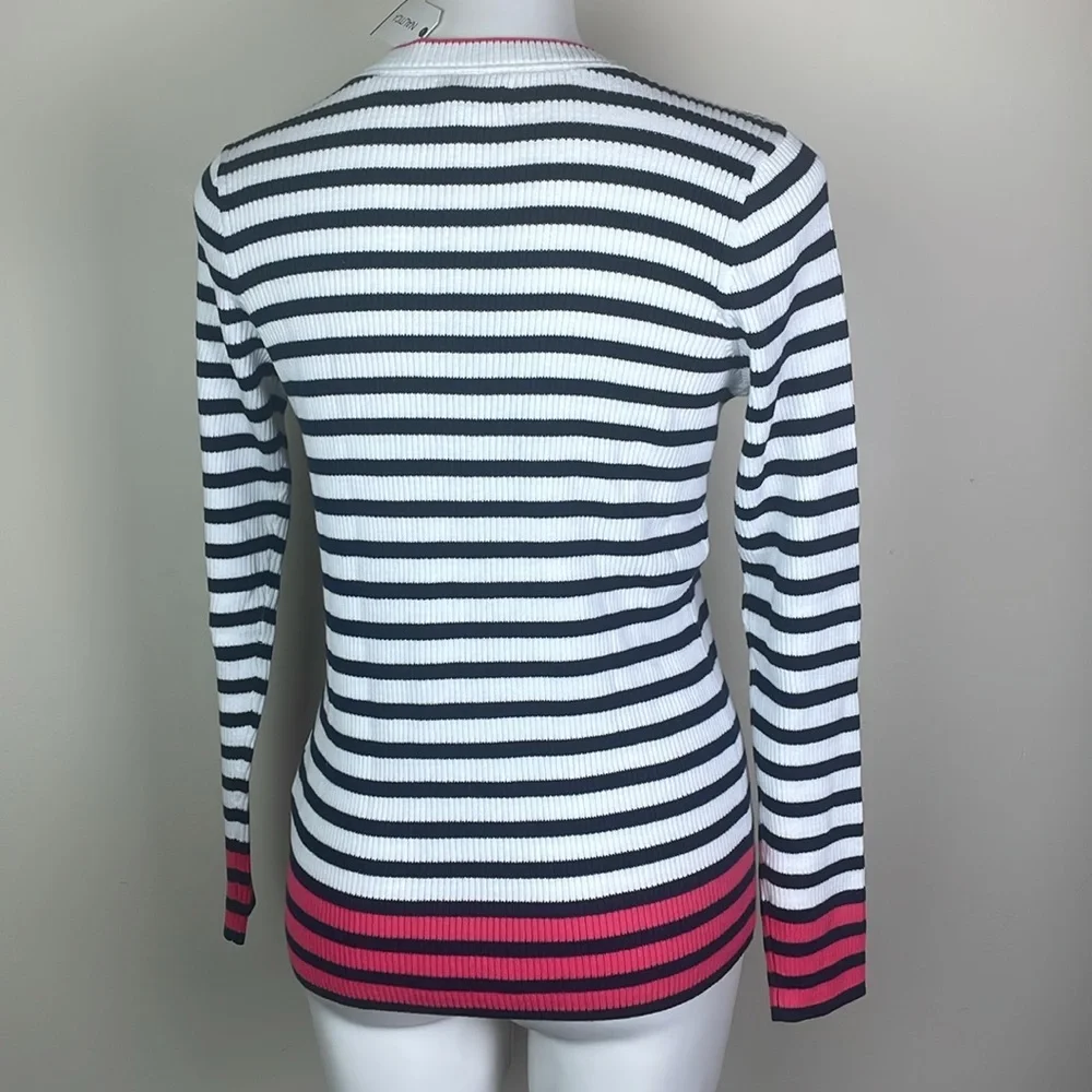 Nautica V-Neck Sweater Navy Seas Pink Stripe Knit
